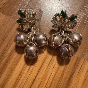 Elegant vintage Christmas Silver and Green pierced Earrings with jingle bells